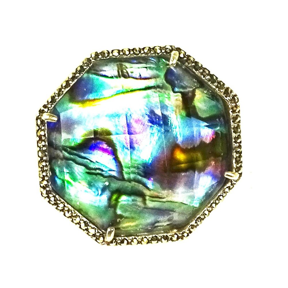 JUDITH JACK Sterling Silver Abalon Shell Doublet & Marcasite Ring Sz 6.5